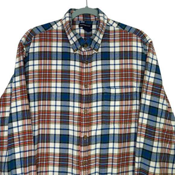 Lands End Flannel Shirt Mens XL Tall Blue Orange Plaid Button Down Outdoor Cabin - Picture 5 of 10